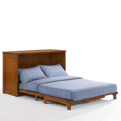 Orion Cherry Full Murphy Cabinet Bed - Angled view opened and fully extended with bedding