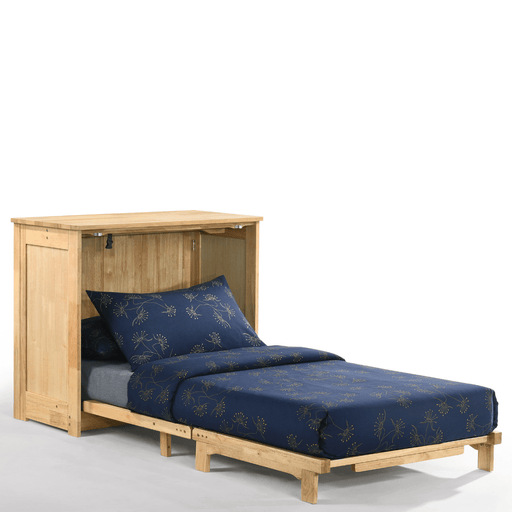Orion Natural Twin Murphy Cabinet Bed - Angled view opened and fully extended with bedding