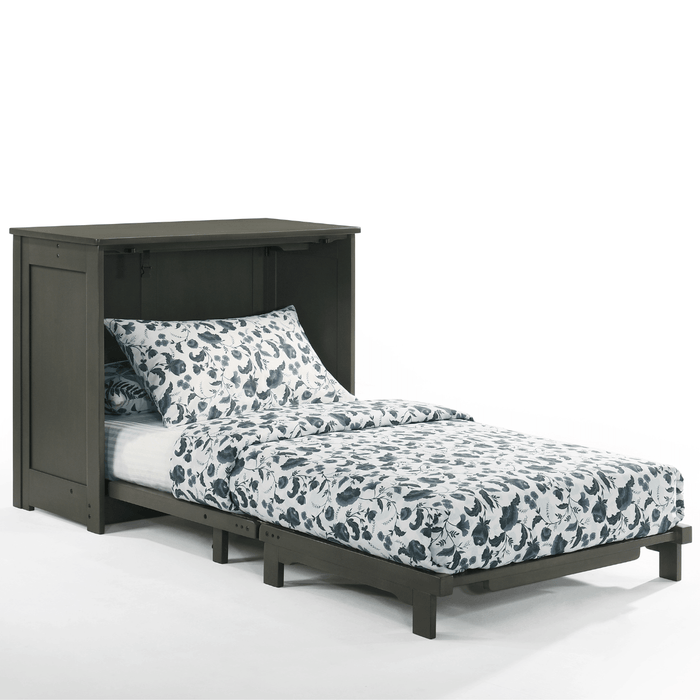 Orion Stonewash Twin Murphy Cabinet Bed - Angled view opened and fully extended with bedding