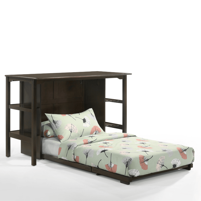 Siesta Chocolate Twin Desk Murphy Cabinet & Chair - Opened fully extended out with bedding 