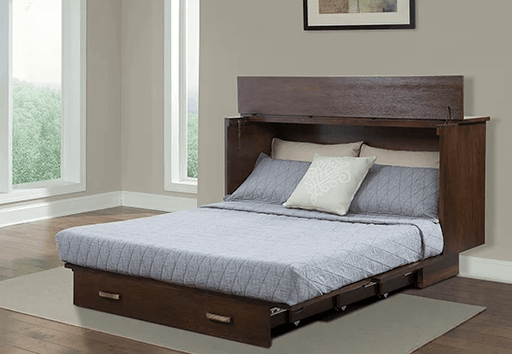 Traditional Pekoe Murphy Cabinet Bed - Opened fully extended with bedding in bedroom setting