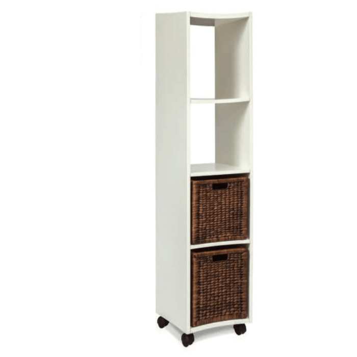 Rolling Bookcase Tower with Baskets White - Angled view